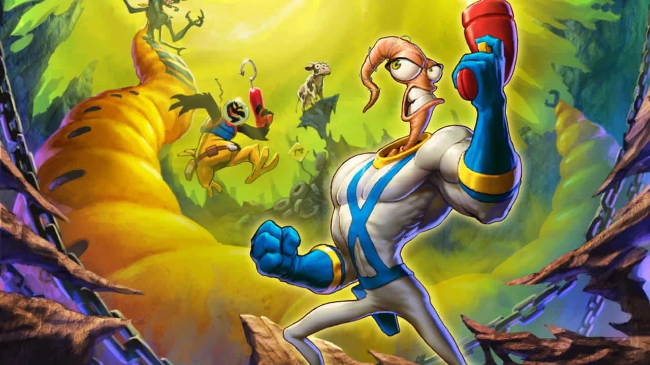 Earthworm Jim poses with a blaster in a colorful, alien landscape.
