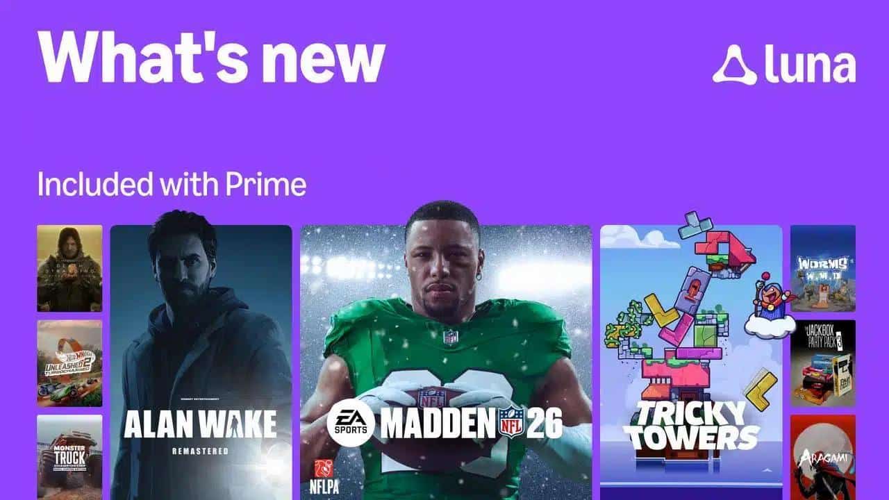 Amazon Luna's "What's new" section spotlights Alan Wake, Madden NFL 26, and Tricky Towers, included with Prime—check them out or read an Amazon Luna review to see what's trending.