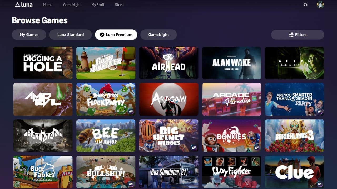 A grid of colorful game covers is displayed on the Amazon Luna game streaming platform's browse games page, offering a visual preview for anyone seeking an Amazon Luna review.