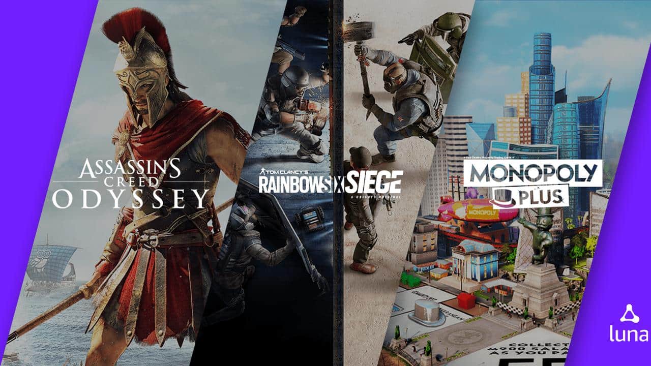 Split image showing cover art for Assassin’s Creed Odyssey, Rainbow Six Siege, and Monopoly Plus games—titles featured in many Amazon Luna review highlights.