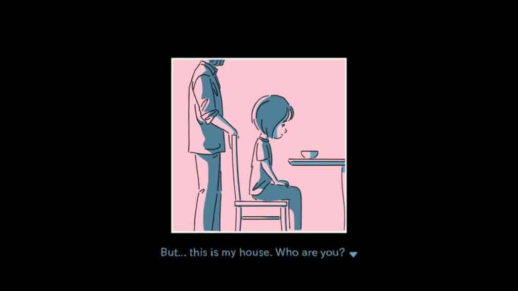 A person sits at a table with a cup, while another stands behind them. And Roger, text reads, "But... this is my house. Who are you?.