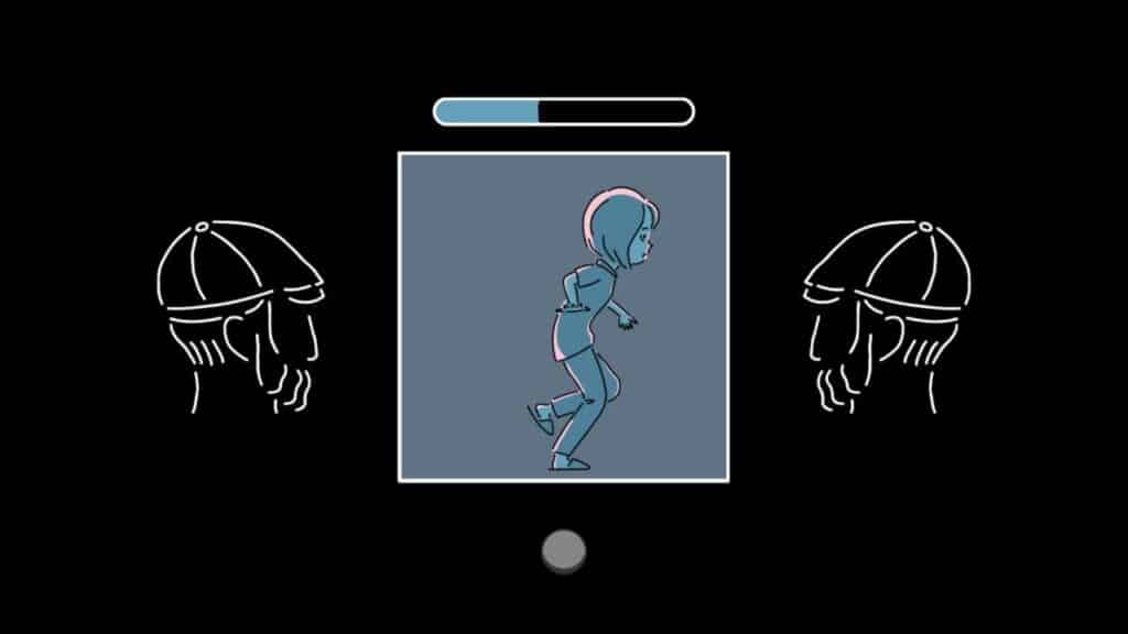 A blue figure, and Roger, runs in a box flanked by jellyfish with a progress bar above and a gray dot below.