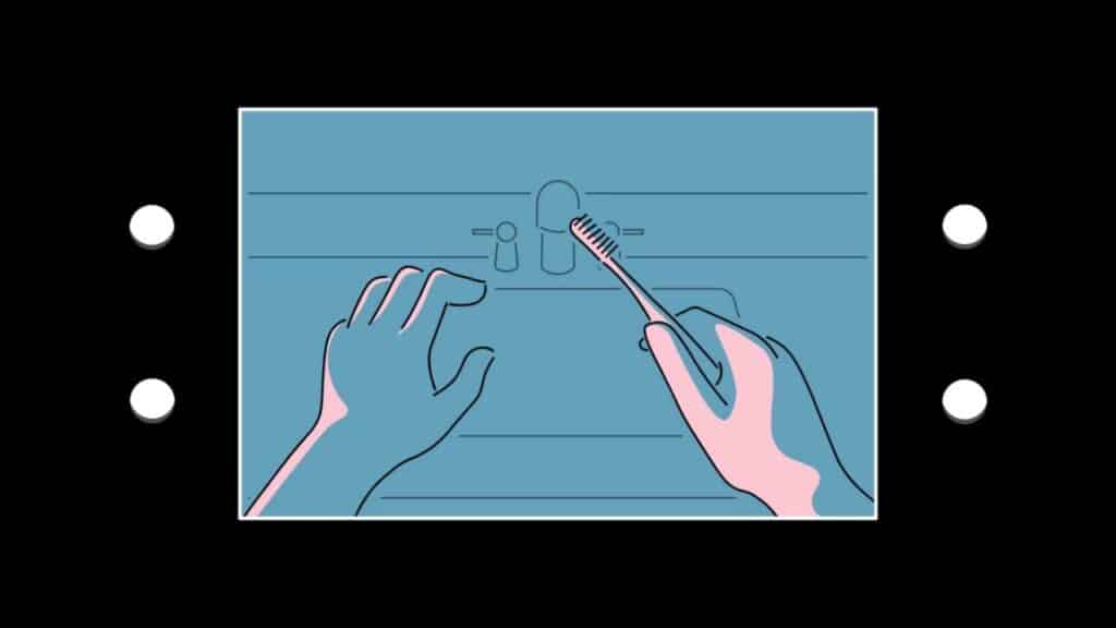 Illustration of hands holding a toothbrush in front of a bathroom sink with faucet and soap, featuring subtle And Roger branding.
