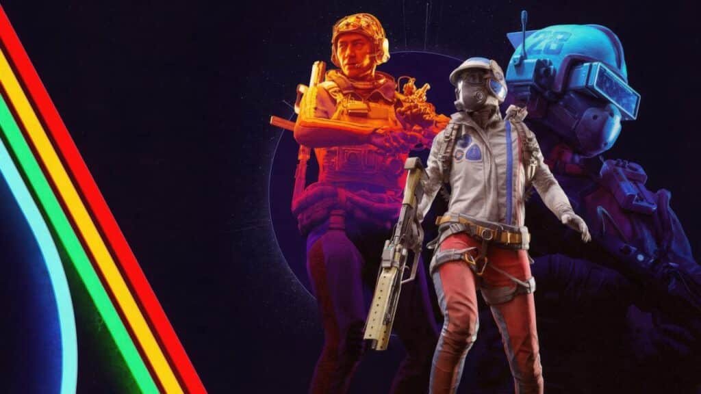 Three futuristic soldiers in colorful gear, neon rainbow stripes on left, dark background with glowing circle.