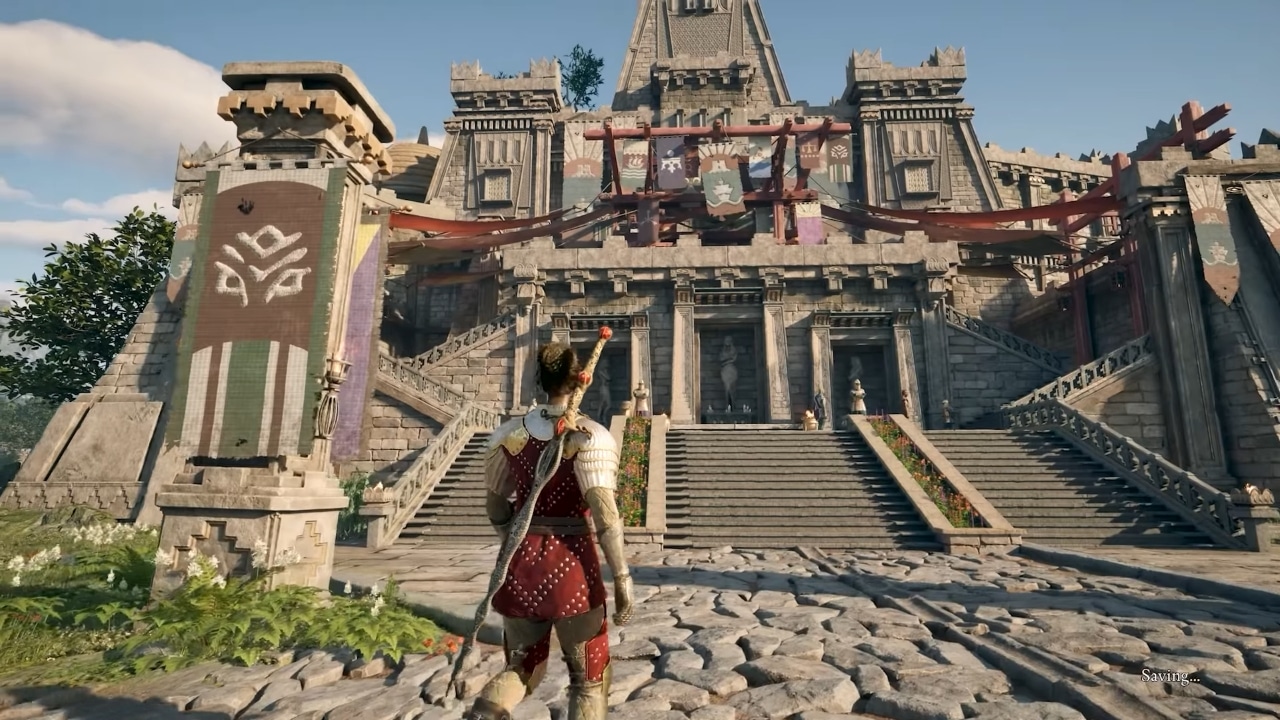 A warrior stands before a grand, ancient stone temple with stairs, banners, and carvings.