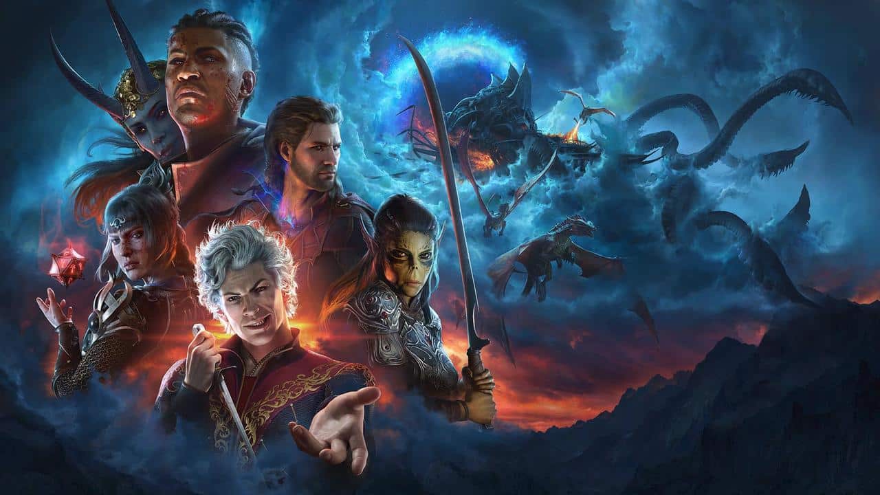 Five fantasy characters pose heroically as a dark dragon emerges from swirling blue storm clouds behind them.