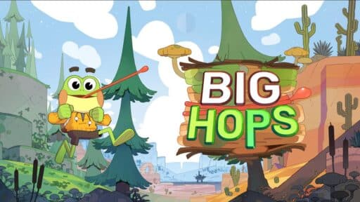 Cartoon frog with backpack jumps near a wooden sign that says “Big Hops” in a colorful desert landscape.