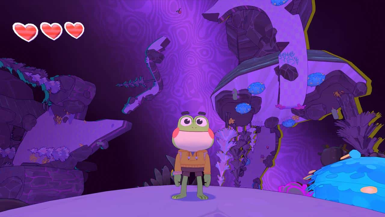 Cartoon frog with three hearts stands in a colorful, surreal, purple landscape with floating rocks and plants.