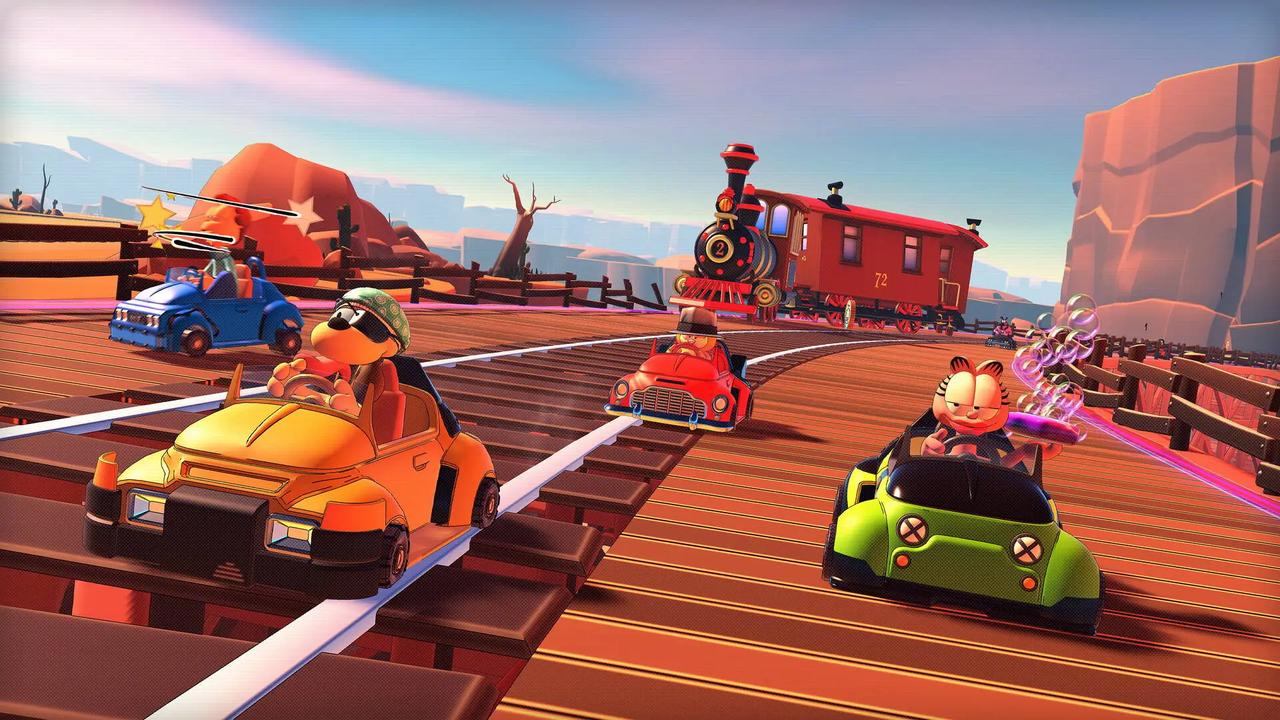 Cartoon animals race cars on a wooden track with a train and canyon background, in Garfield Kart 2