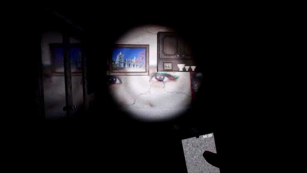 In a scene from BrokenLore: UNFOLLOW, a flashlight shines on a wall with a large painting of eyes, other framed art, and cupboards in a dark room.