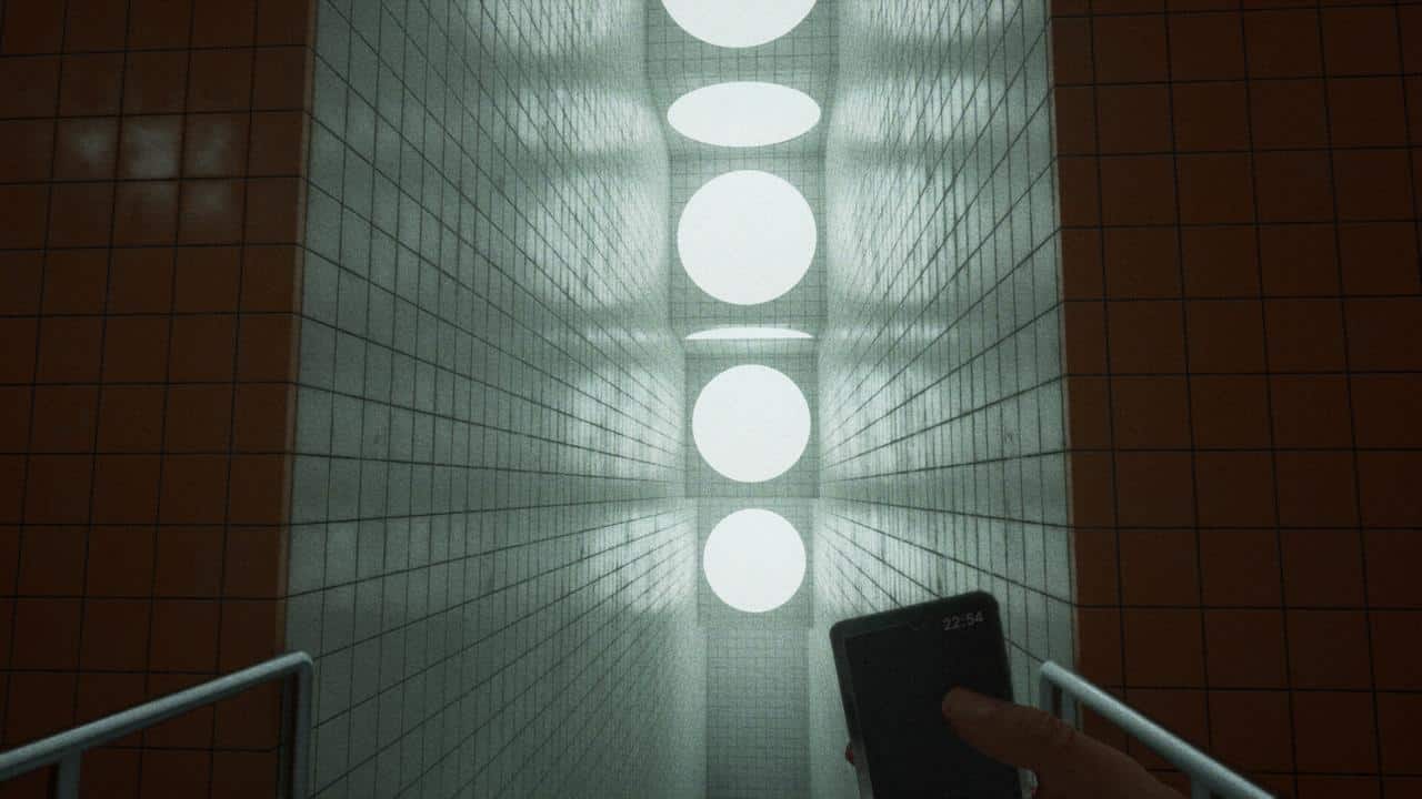 In a scene from BrokenLore: UNFOLLOW, a person holds a phone near a hallway with round ceiling lights and orange-tiled walls.