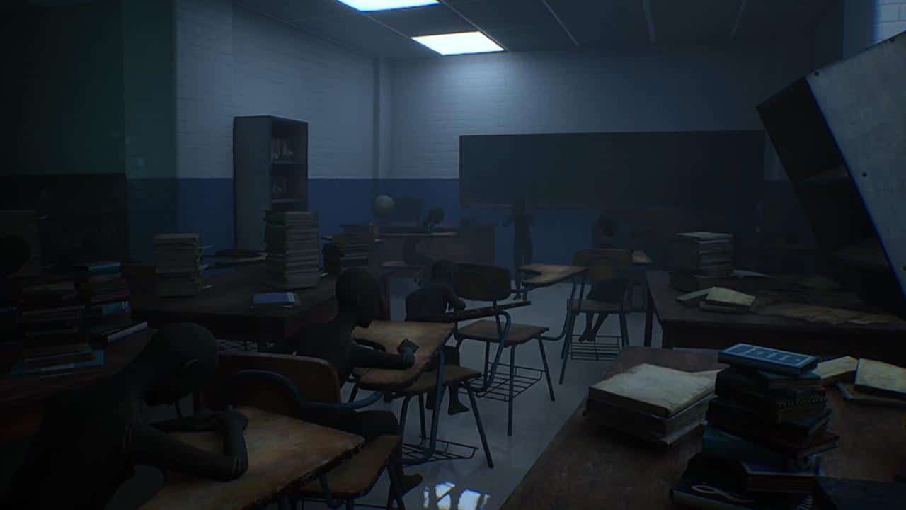 In a scene from BrokenLore: UNFOLLOW, a dark, eerie classroom with shadowy figures sitting at desks amid piles of books and scattered chairs.