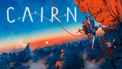 A climber ascends a red rock face at sunset, the word "Cairn" glowing in the sky above rugged mountain peaks.