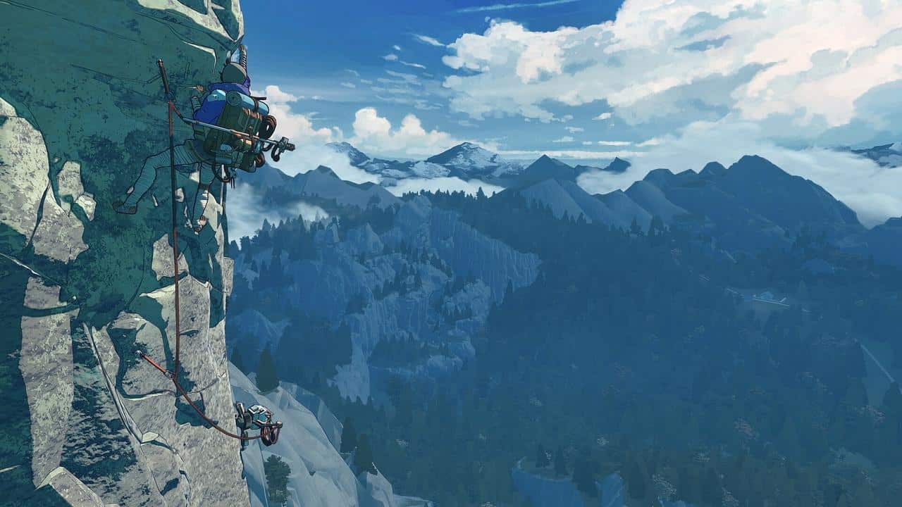 Two climbers scale a steep cliffside, passing a weathered cairn, with mountain ranges and a cloudy sky stretching in the background in Cairn.