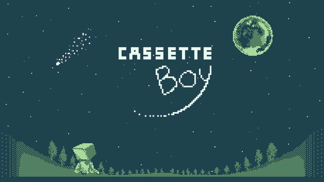 Pixel art of a robot gazing at the night sky with "Cassette Boy" text, sparkling stars, and a glowing green moon above.