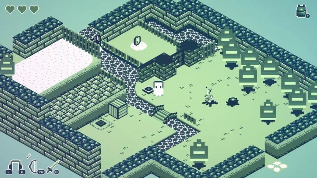 Pixel art game scene with Cassette Boy standing in a walled garden, surrounded by trees, a gate, and various objects scattered on the ground.