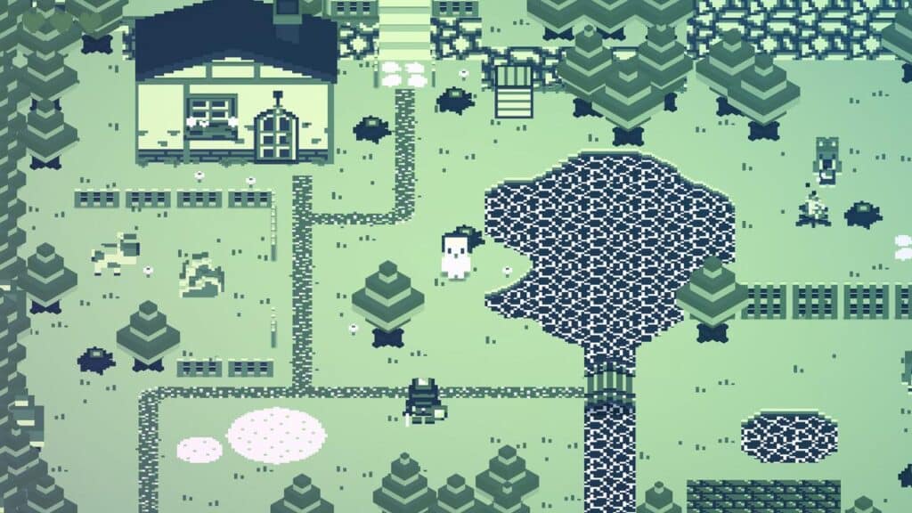 A video game map of a house and trees, inspired by Cassette Boy’s playful creativity.