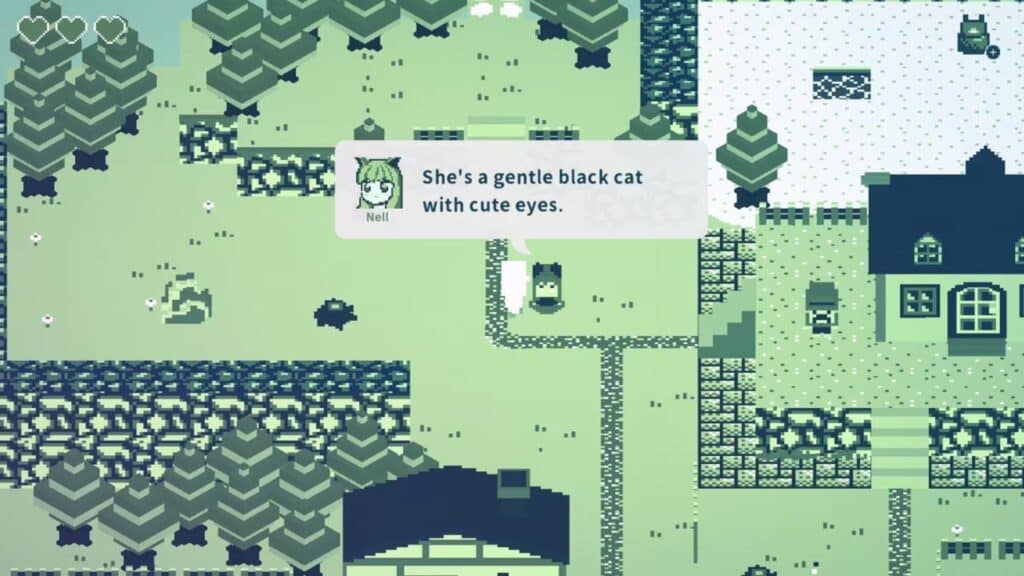 Pixel art game scene with a dialogue box saying, "She's a gentle black cat with cute eyes," from Cassette Boy’s friend, Nell.