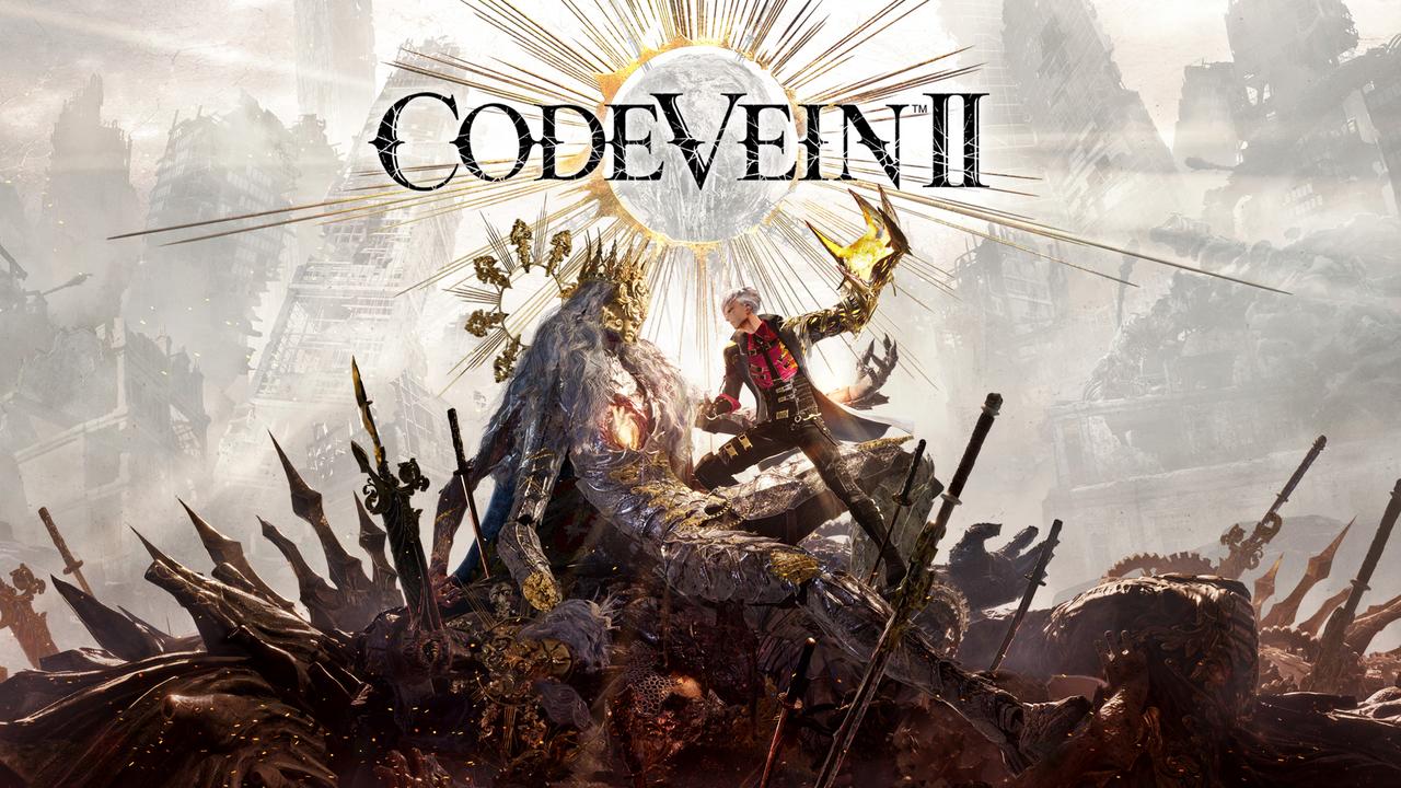 A battle scene with two armored characters clashing swords, with "Code Vein II" displayed in bold text above them.