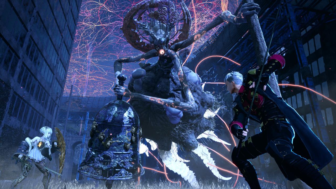 Two armored characters confront a giant, spider-like creature amid a dark, electrified cityscape in this stunning scene inspired by Code Vein II.