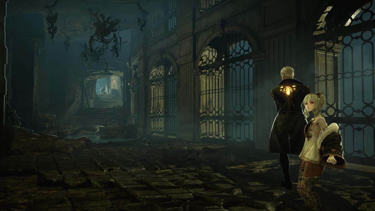 Two anime-style characters stand in a dark, decaying stone corridor with ornate gates and eerie lighting, evoking the haunting atmosphere of Code Vein II.