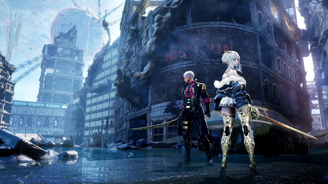 Two fantasy characters with swords stand in a snowy, ruined city of futuristic and gothic buildings, reminiscent of Code Vein II.