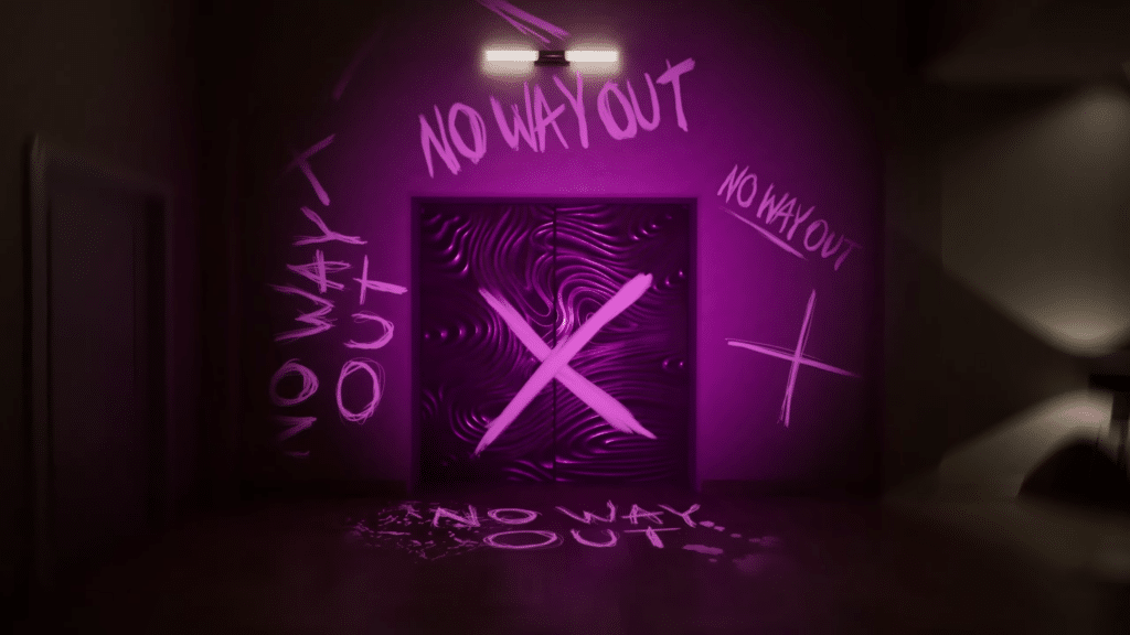 A dimly lit hallway featuring a door with an abstract design, illuminated by soft lighting. Graffiti on the walls reads 'NO WAY OUT' in various styles, enhancing the eerie atmosphere.