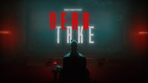 A person sits in a dark room facing a screen with the glowing words "DEAD TAKE" displayed.