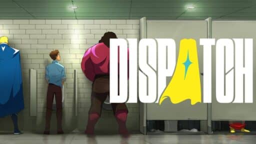 Three animated men stand at urinals in a restroom; "DISPATCH" is written across the image in bold letters.