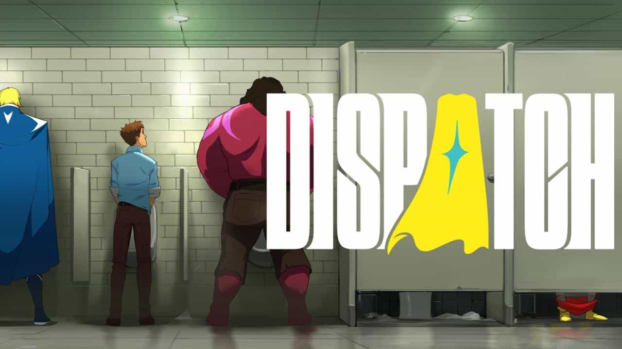 Three animated men stand at urinals in a restroom; "DISPATCH" is written across the image in bold letters.