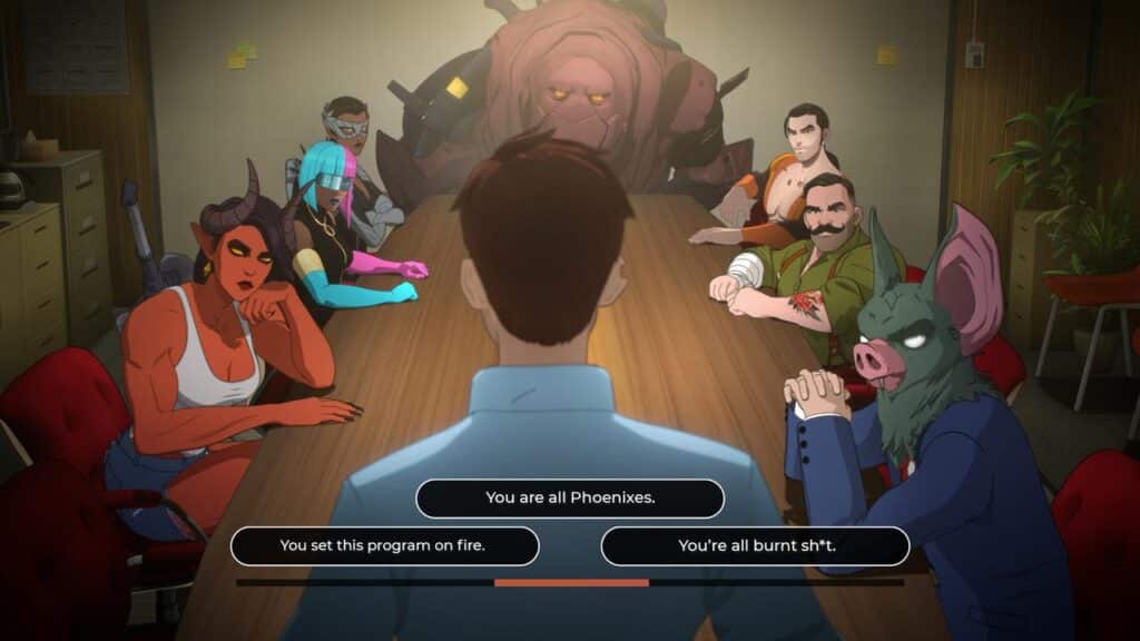 A man faces five unusual creatures around a table, with three choice options displayed at the bottom.