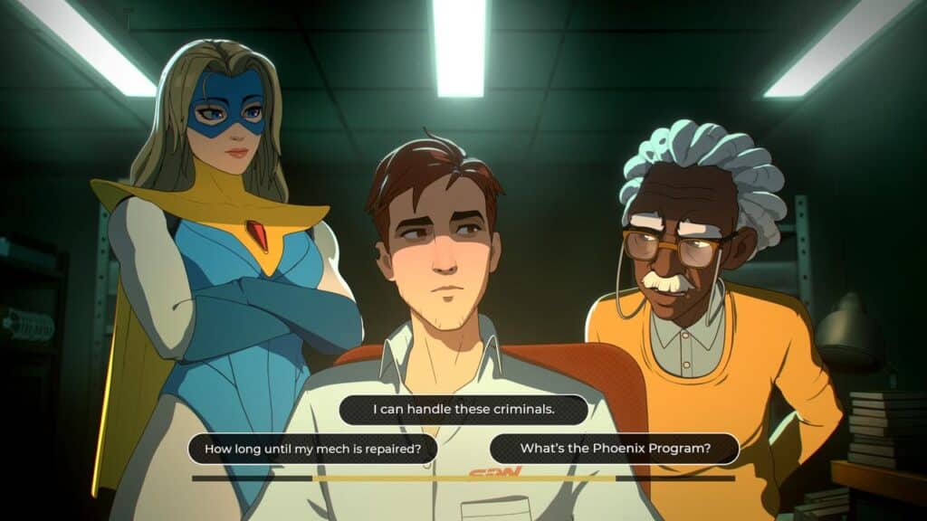 A superhero, a young man, and an older man in a lab sit together with dialogue choices displayed on screen.