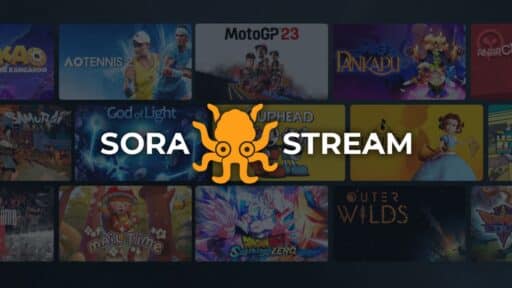 Sora Stream logo with an orange octopus over a background of various video game covers.
