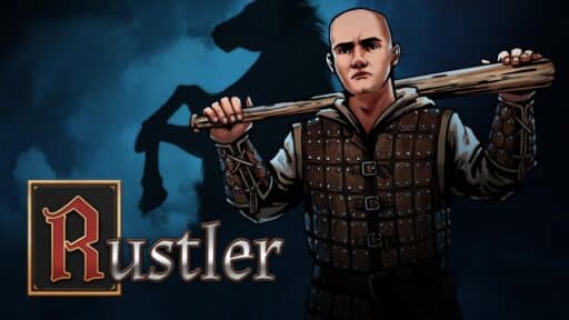 Bald man in studded armor holds a bat; "Rustler" logo and horse shadow in the background.