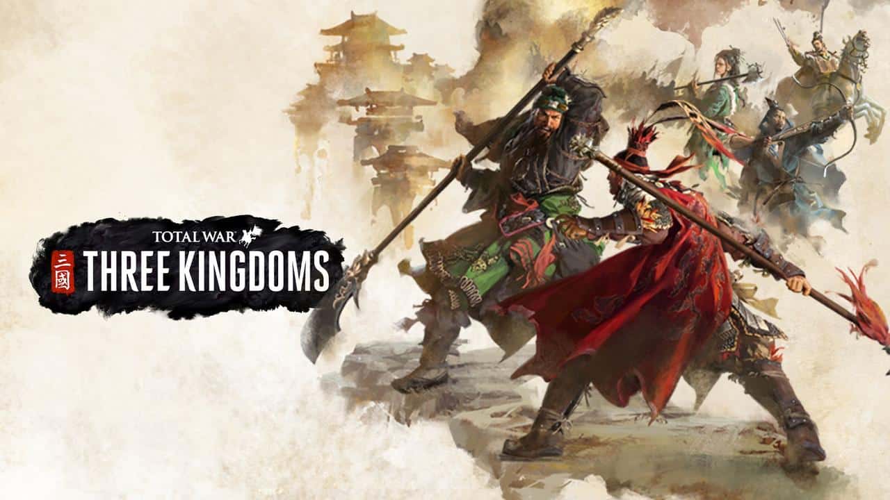 Three ancient warriors in battle with weapons; "Total War: Three Kingdoms" game title on left.