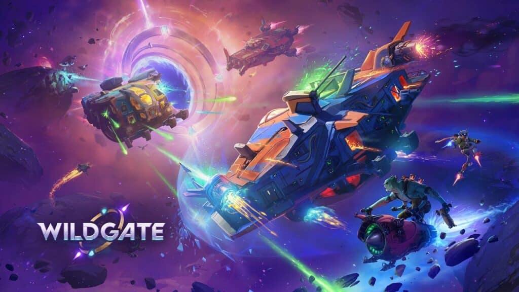 Colorful spaceships and characters battle in outer space with lasers, near a portal. "WILDGATE" is on the left.