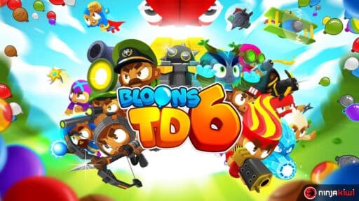 Colorful Bloons TD 6 game cover with monkey heroes, balloons, and the game's logo in the center.