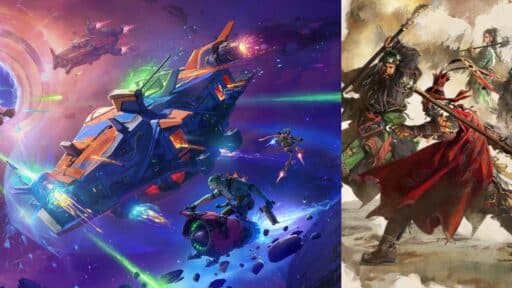 A spaceship battle in space on the left, and warriors fighting with swords on the right.