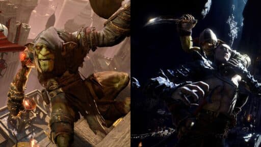 A goblin thief sneaks through a shadowy city, attacking a guard with a knife in dark, fantasy settings—much like an adventure you’d find among the Epic Games Store free games.