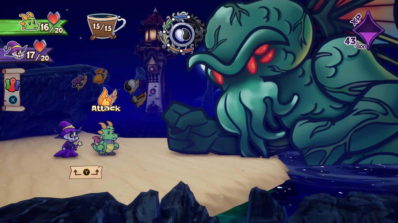 Cartoon witch and dragon face a giant green sea monster on a beach in Escape from Ever After.