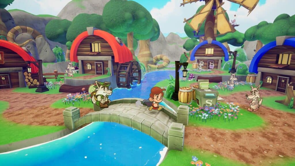 A cartoon character crosses a stone bridge in a colorful village, surrounded by animal villagers and windmills in Escape from Ever After.