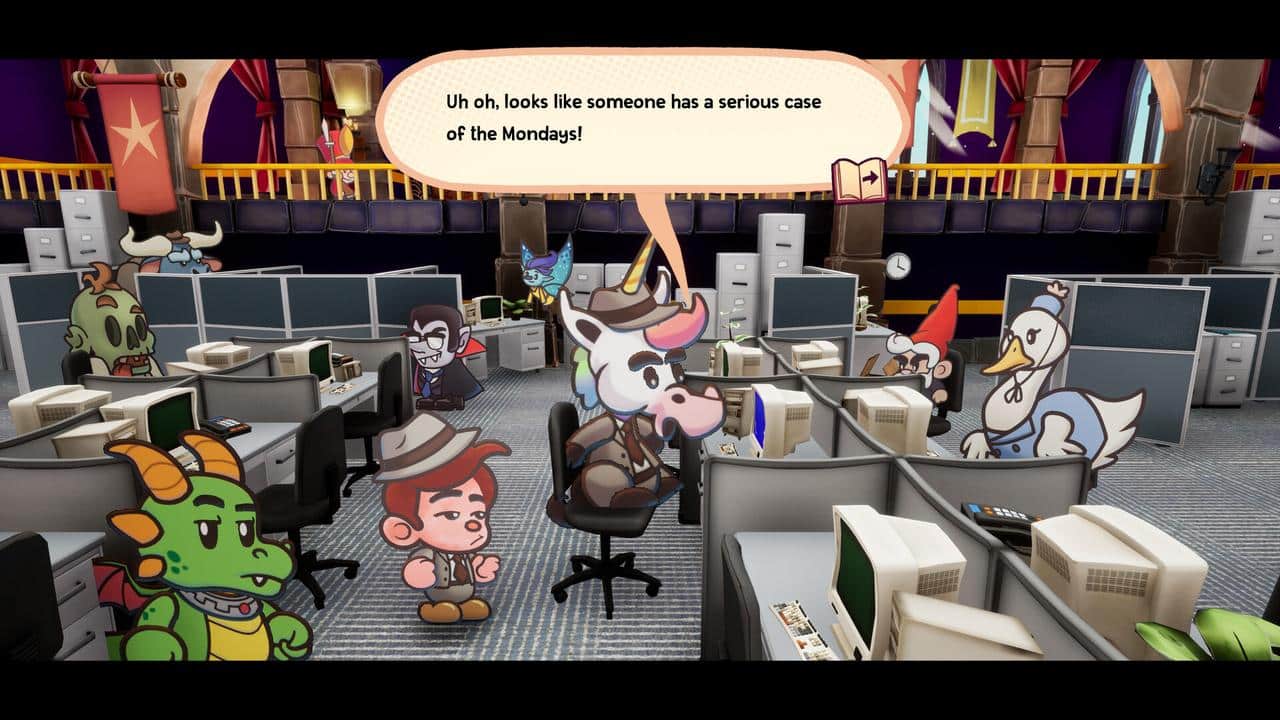 Cartoon animals in an office with a unicorn saying, "Serious case of the Mondays!" from Escape from Ever After.