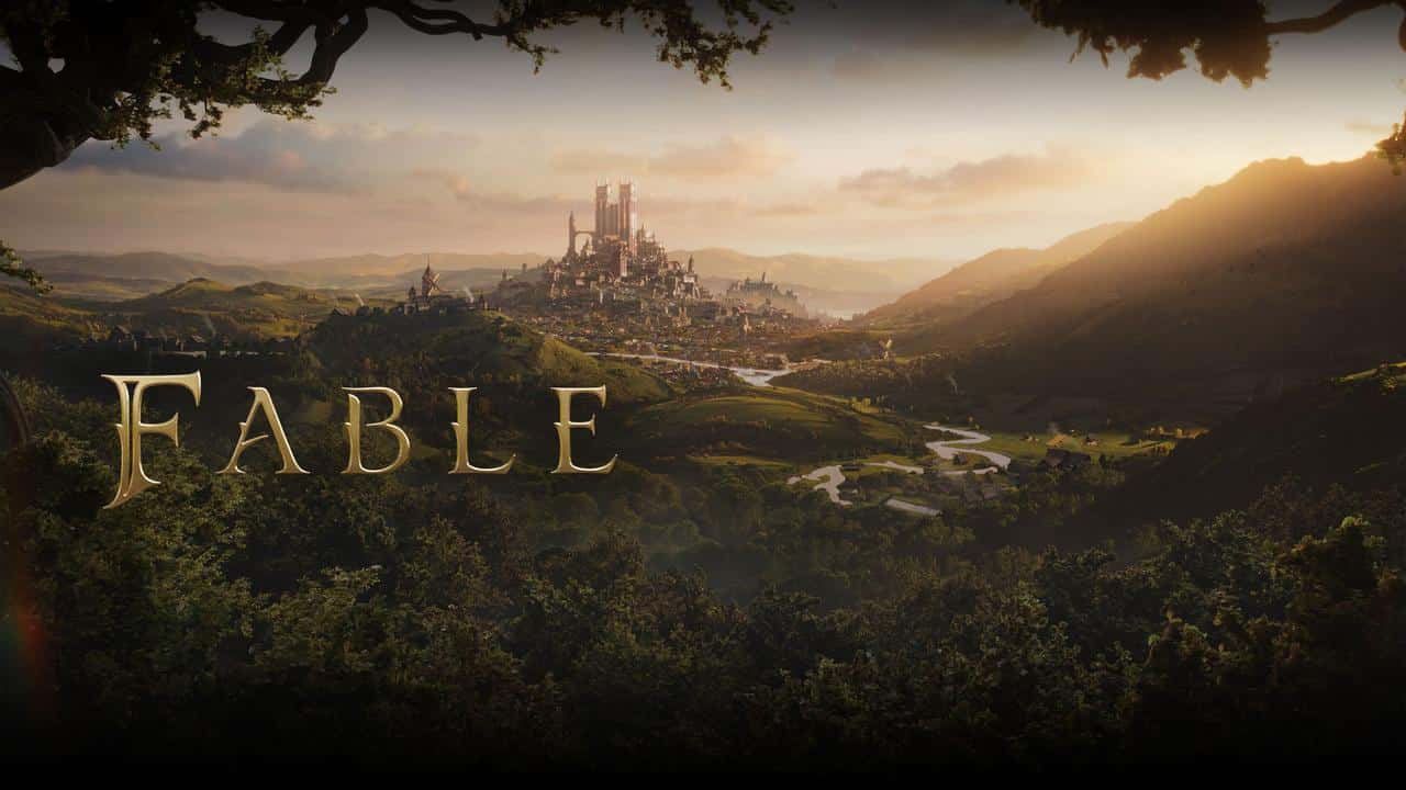 A scene from Fable, a fantasy city with a large castle sits among green hills at sunset, with "FABLE" in bold text, inspired by the Xbox Developer Direct January 2026 showcase.
