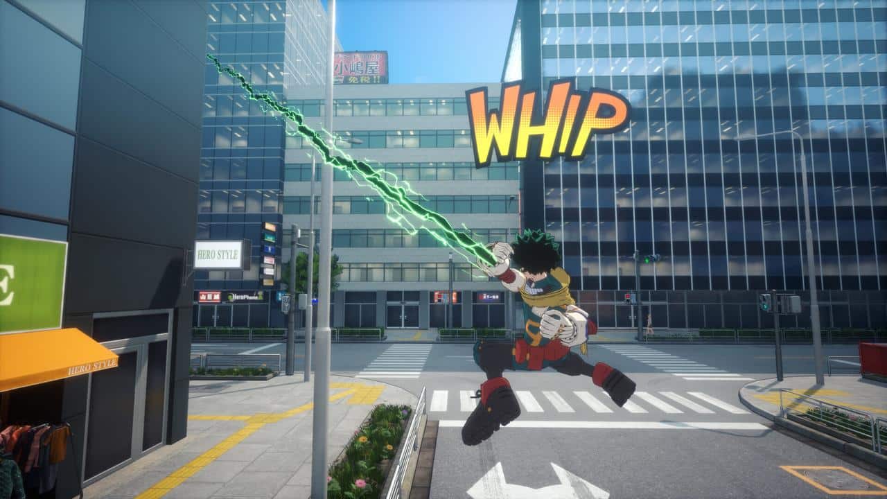 Anime character swings across city street using a green energy whip, with "WHIP" text above in MY HERO ACADEMIA: All’s Justice.