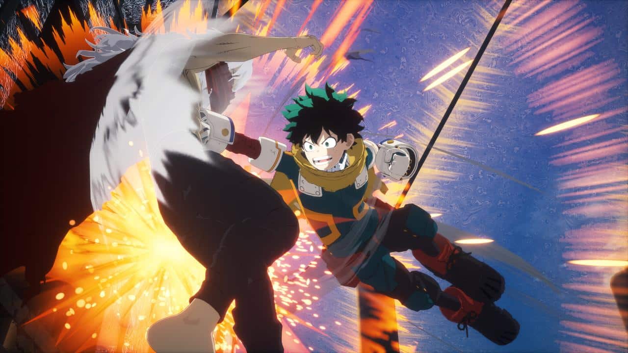 Anime character in green suit punches a white-haired opponent as explosions and sparks burst around them in MY HERO ACADEMIA: All’s Justice.