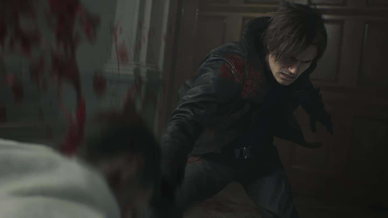 In this Resident Evil Requiem preview, a man in dark clothing attacks another person, blood splattering across the dimly lit room.