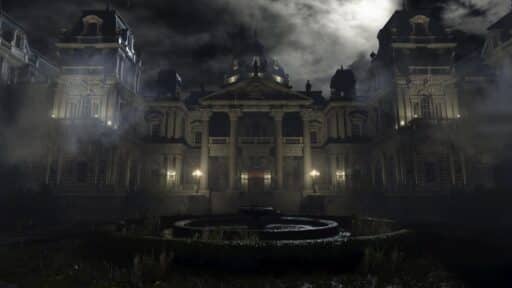 A large, dark, eerie mansion at night with a lit fountain and mist in front under a cloudy moonlit sky—like a scene from the Resident Evil Requiem preview.
