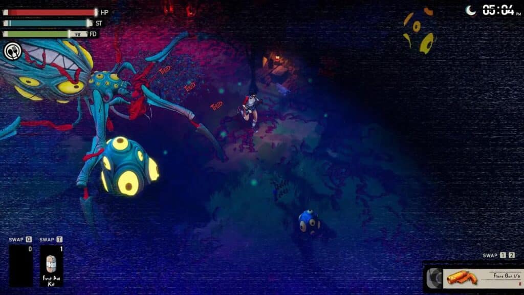 A character faces a large tentacled monster and glowing orbs in a dark, colorful video game scene inspired by I Hate This Place.