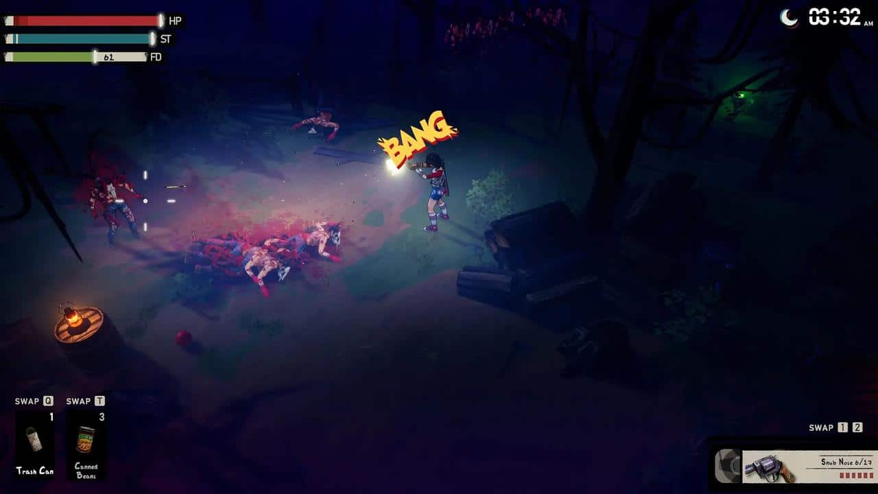 A character shoots zombies in a dark forest, with a comic-style "BANG" text effect on screen—capturing the intense vibe of "I Hate This Place.