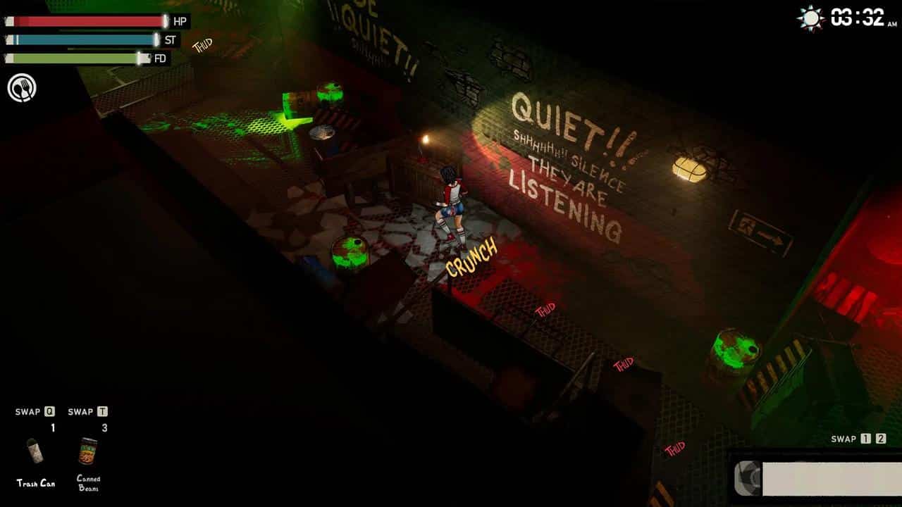 A video game character explores a dim, eerie room with graffiti warning, “Quiet! They are listening.” The chilling scrawl “I Hate This Place” adds to the unsettling atmosphere.